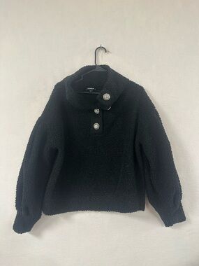 Express Sherpa Pullover Sweater Womens Size Small Petite Black Jeweled Buttons